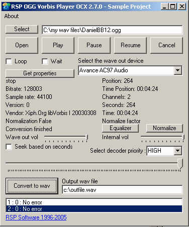 RSP OGG Vorbis Player OCX Screenshot